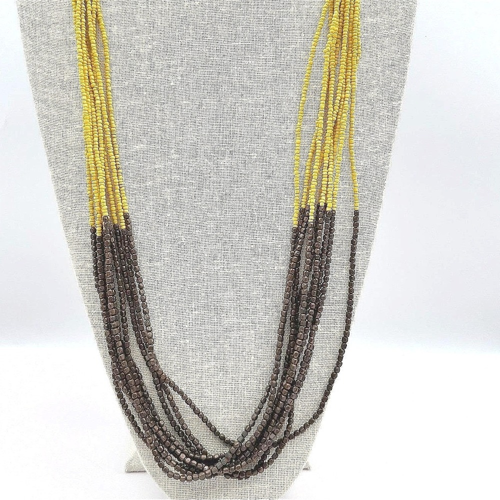 Vintage 90s Yellow & Brown Multi Strand Seed Beaded Necklace Women's Jewelry Y2K